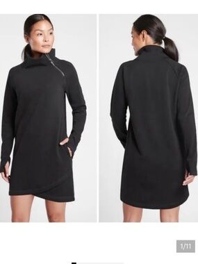 Athleta Cozy Karma Asym Sweatshirt Dress Black Zip Funnel Neck Medium NWOT